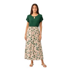 White and Green Floral A-Line Skirt maxi dress with Elastic waist band 2XL